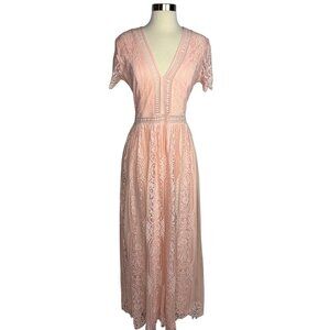Peach Bohemian Boho Lace V-Neck Maxi Dress‎ Photo Shoot Size Small